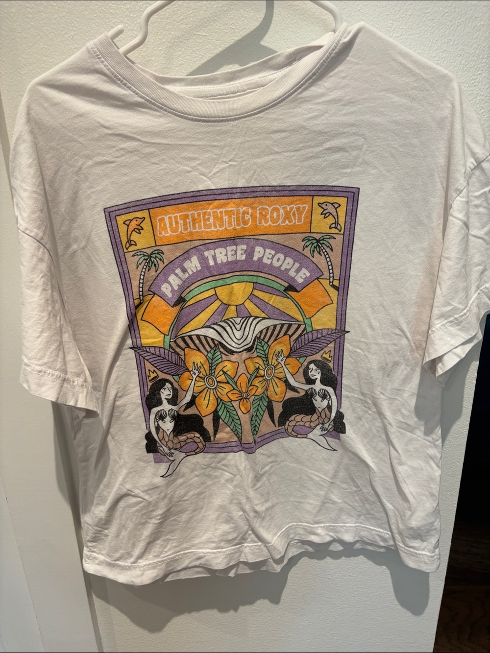 Roxy White Tee with Purple & Yellow Tropical Graphic